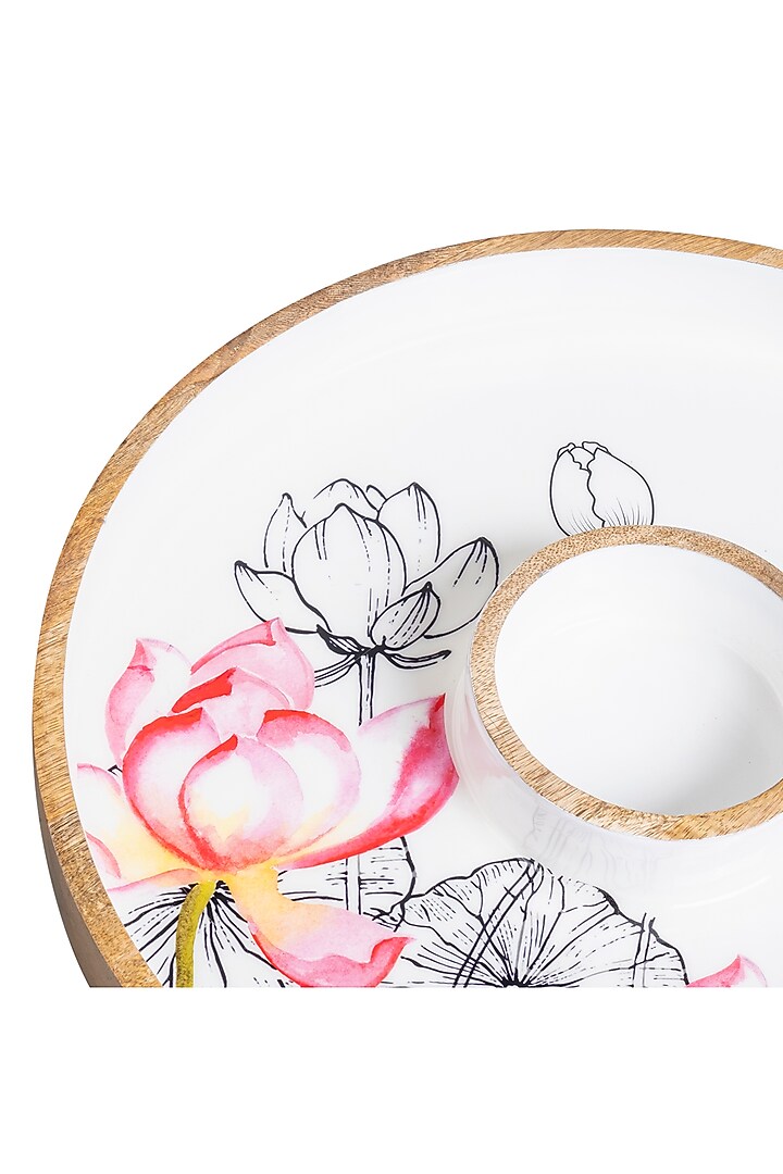 White Wooden Lotus Printed Chip & Dip Platter by HOUSE OF NEEBA at Pernia's Pop Up Shop