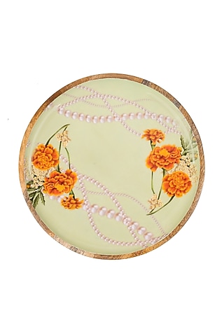 Green & Orange Mango Wood Printed Lazy Suzan by HOUSE OF NEEBA