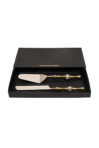Gold Silver Stainless Steel Handcrafted Cake Server & Knife Set by HOUSE OF NEEBA
