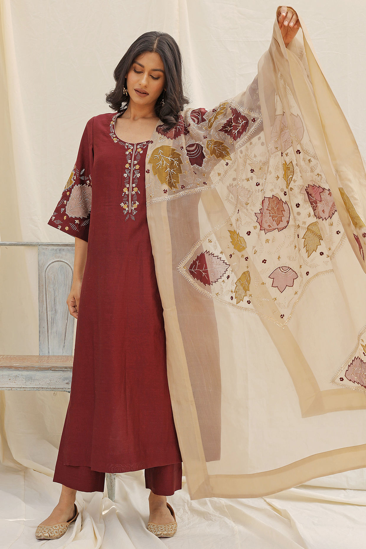Maroon Hand Embroidered Kurta Set by Neelu Sethi at Pernia's Pop Up Shop
