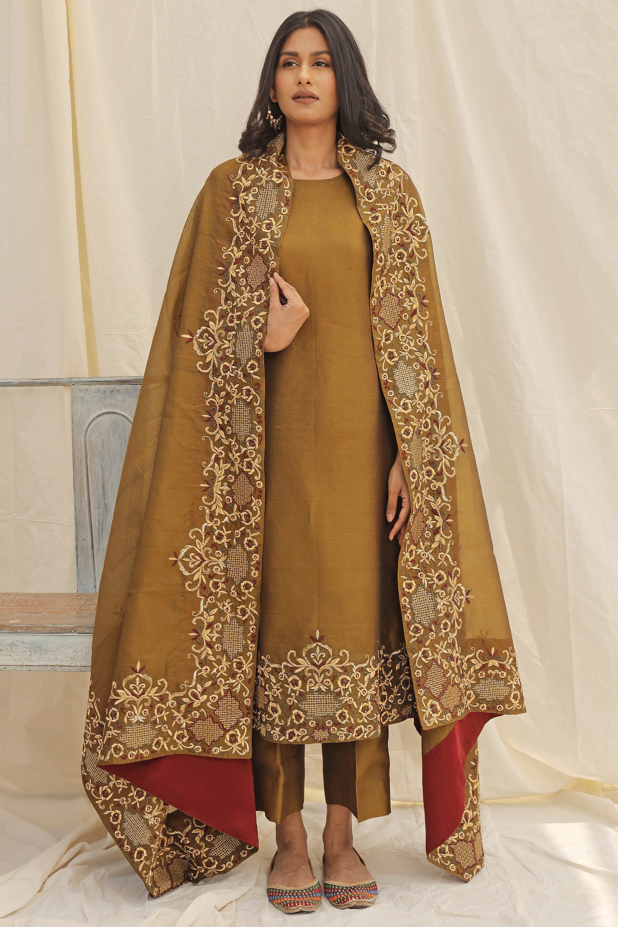 Brown Hand & Machine Embroidered Kurta Set by Neelu Sethi at Pernia's Pop Up Shop