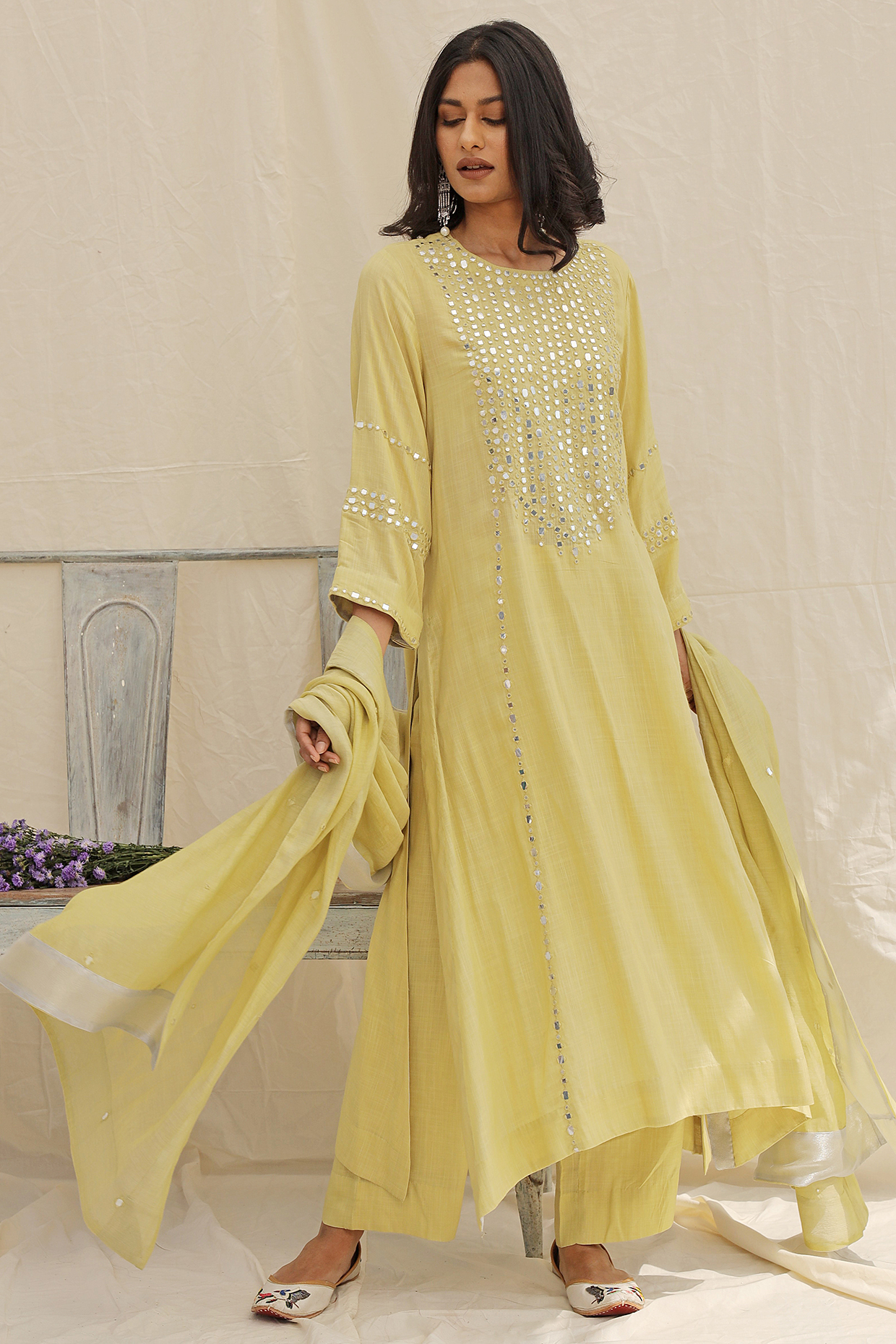 Lime Green Embroidered Kurta Set by Neelu Sethi