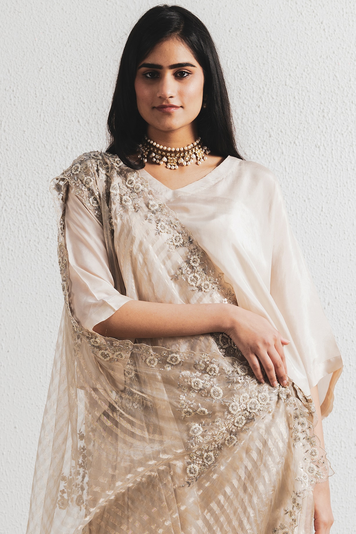 Hand Embroidered beige Saree