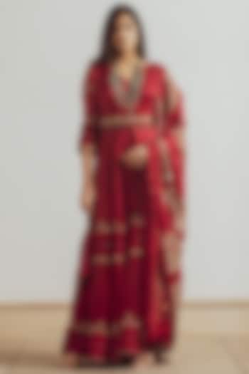 Red Organza Gown With Dupatta by Neelu Sethi