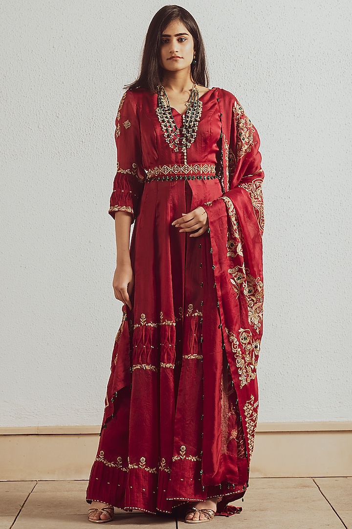 Red Organza Gown With Dupatta by Neelu Sethi