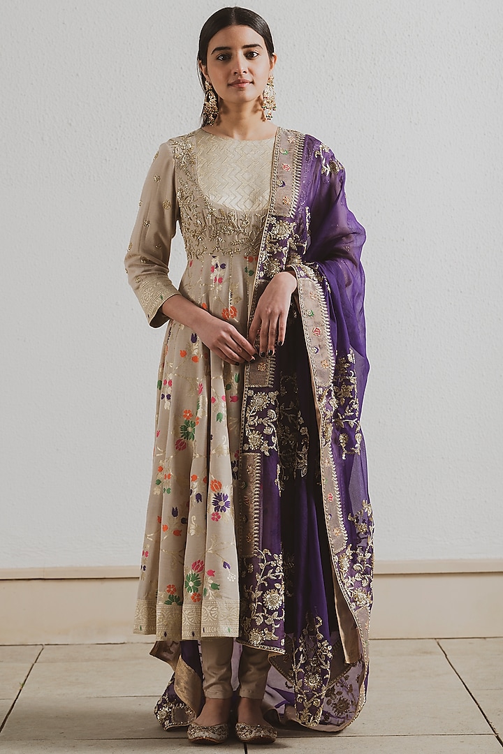 Grey Meenakari Anarkali Set by Neelu Sethi