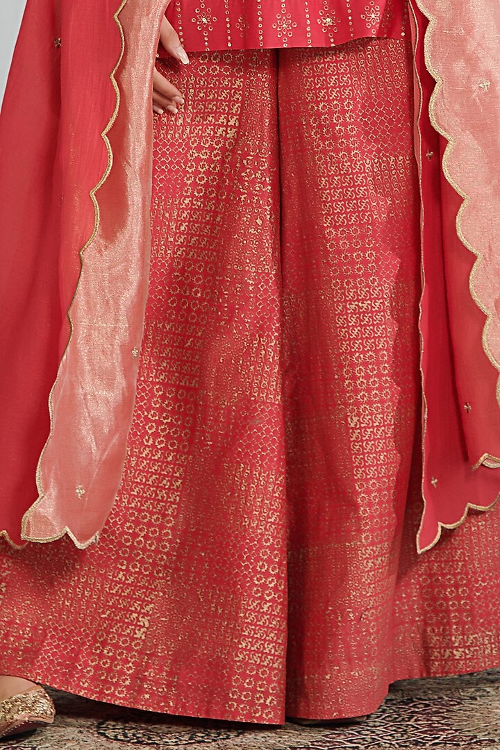 Red Handloom Chanderi Block Printed Party Wear Sharara Set by Neelu Sethi at Pernia's Pop Up Shop