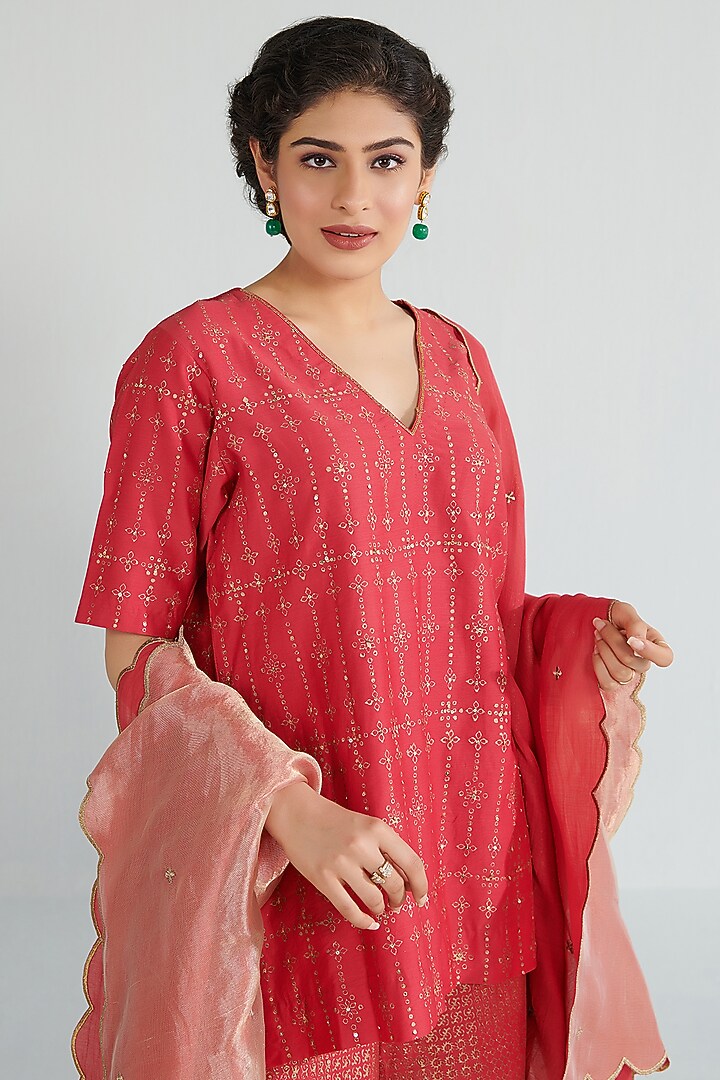 Red Handloom Chanderi Block Printed Party Wear Sharara Set by Neelu Sethi at Pernia's Pop Up Shop