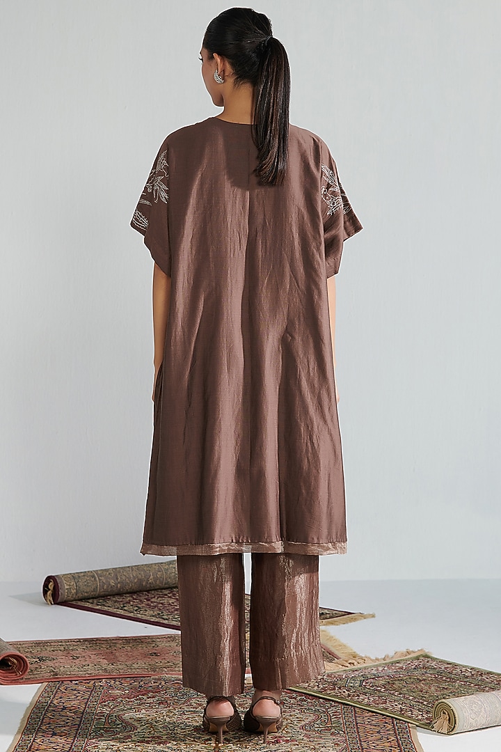 Brown Chanderi Embroidered Kurta Set by Neelu Sethi at Pernia's Pop Up Shop