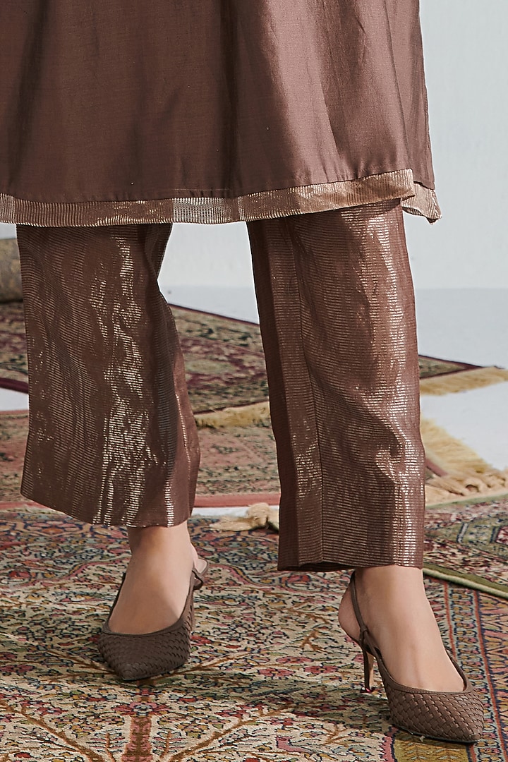 Brown Chanderi Embroidered Kurta Set by Neelu Sethi at Pernia's Pop Up Shop