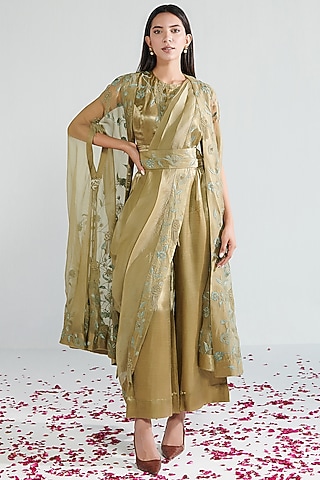 Sage Green Organza Embroidered Cape Set by Neelu Sethi