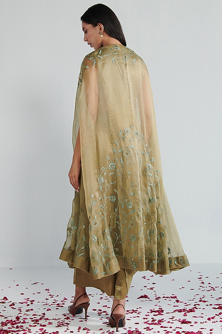 Sage Green Organza Embroidered Cape Set by Neelu Sethi at Pernia's Pop Up Shop
