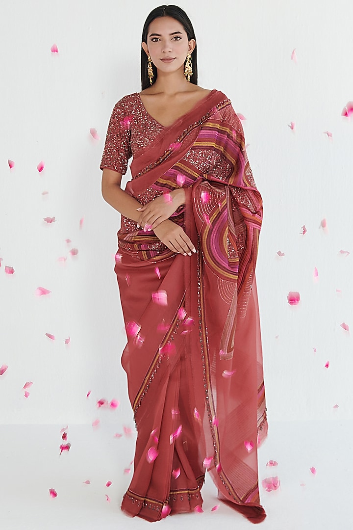 Brick Red Organza Embroidered Pre-Stitched Saree Set by Neelu Sethi