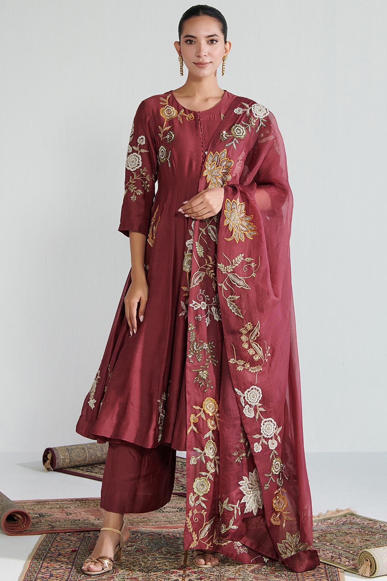 Wine Chanderi Embroidered Anarkali Set by Neelu Sethi at Pernia's Pop ...