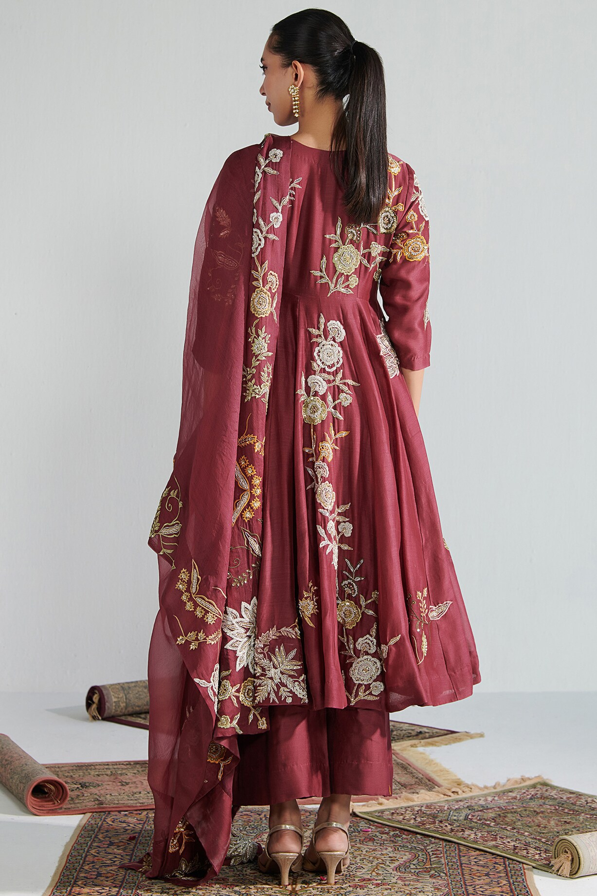 Wine Chanderi Embroidered Anarkali Set by Neelu Sethi at Pernia's Pop ...