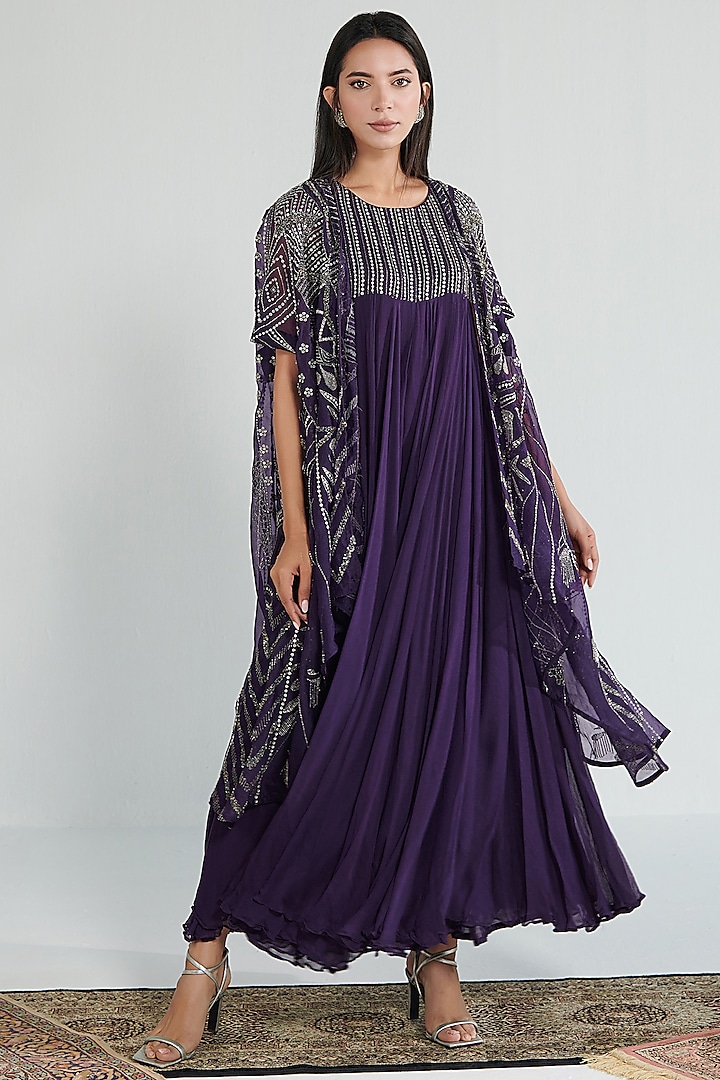 Purple Chiffon & Organza Embroidered Jacket Dress by Neelu Sethi