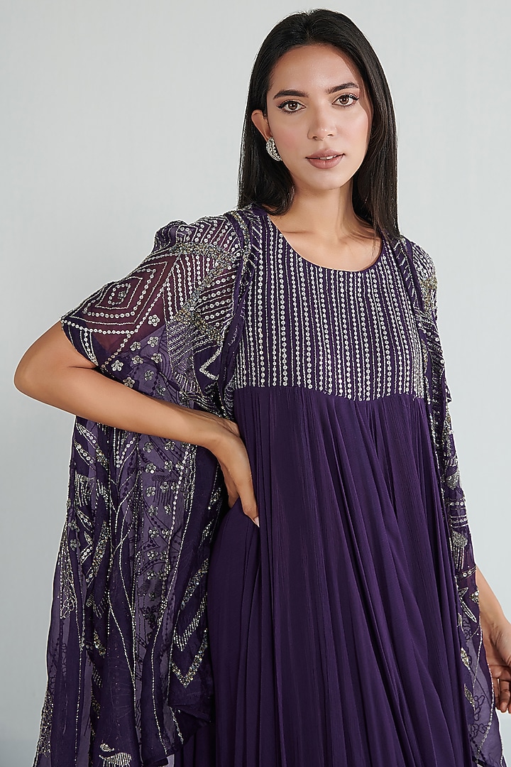 Purple Chiffon & Organza Embroidered Jacket Party Wear Dress by Neelu Sethi at Pernia's Pop Up Shop
