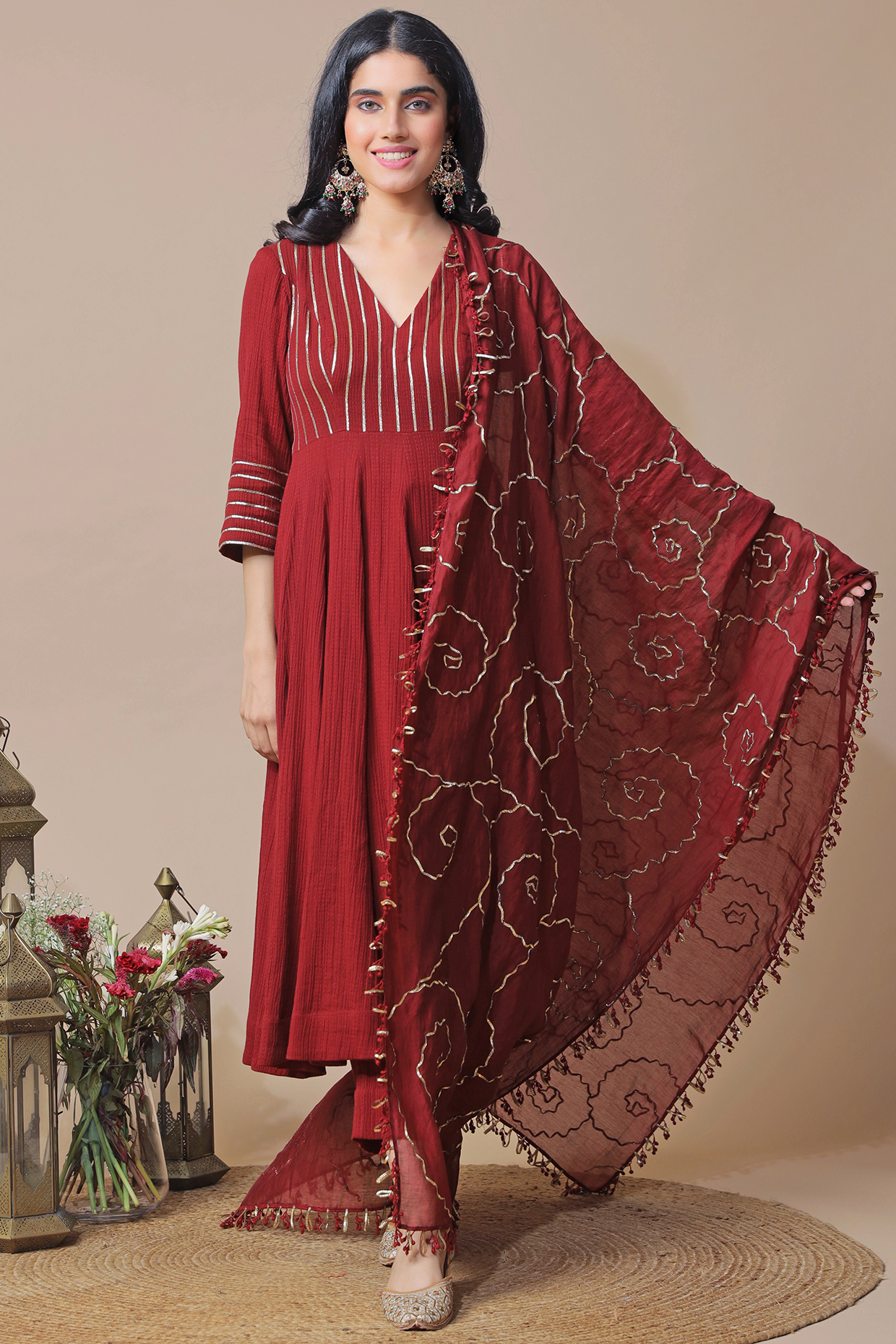 Maroon Handloom Chanderi Anarkali Set by Neelu Sethi