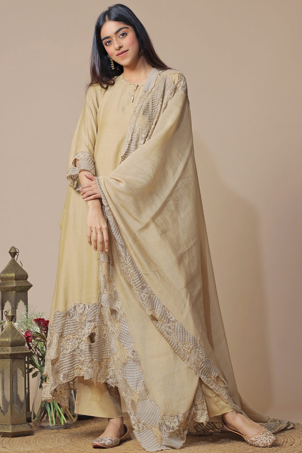 Beige Handloom Chanderi Kurta Set by Neelu Sethi