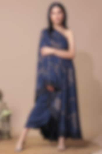 Navy Blue Cotton Silk One Shoulder Cape Set by Neelu Sethi at Pernia's Pop Up Shop