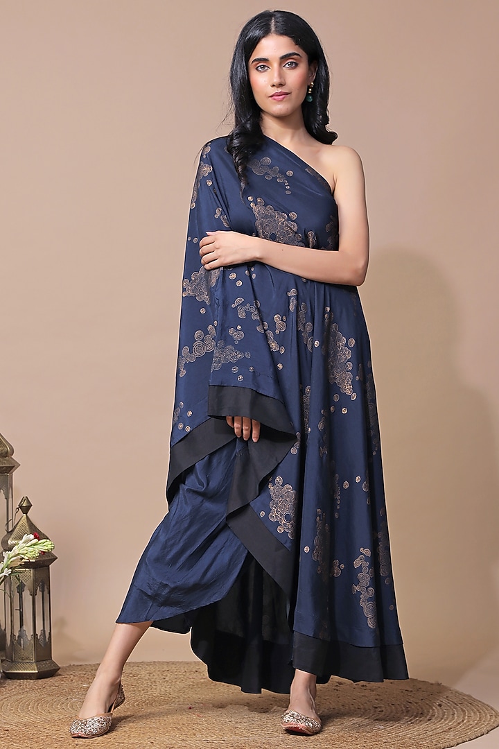 Navy Blue Cotton Silk One Shoulder Cape Set by Neelu Sethi at Pernia's Pop Up Shop