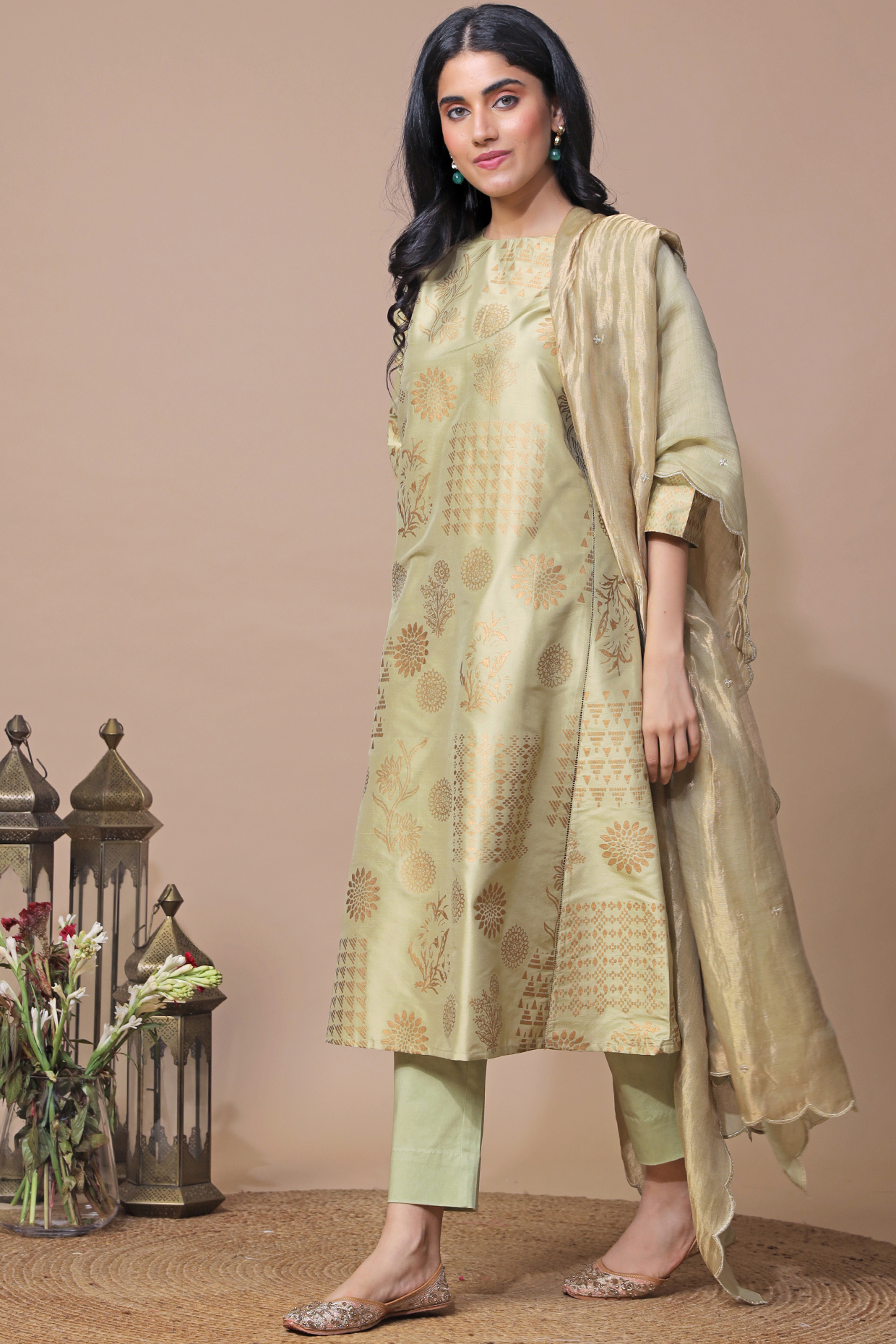 Pista Green Block Printed Kurta Set by Neelu Sethi at Pernia's Pop Up Shop