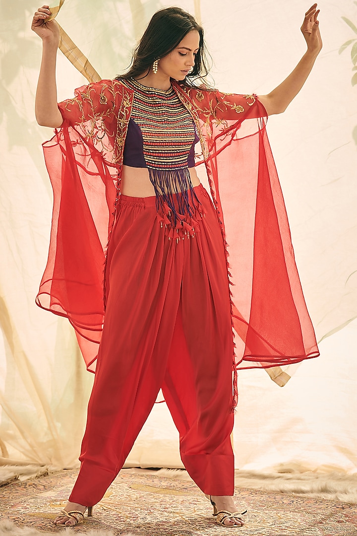 Red Embroidered Cape Set by Neelu Sethi