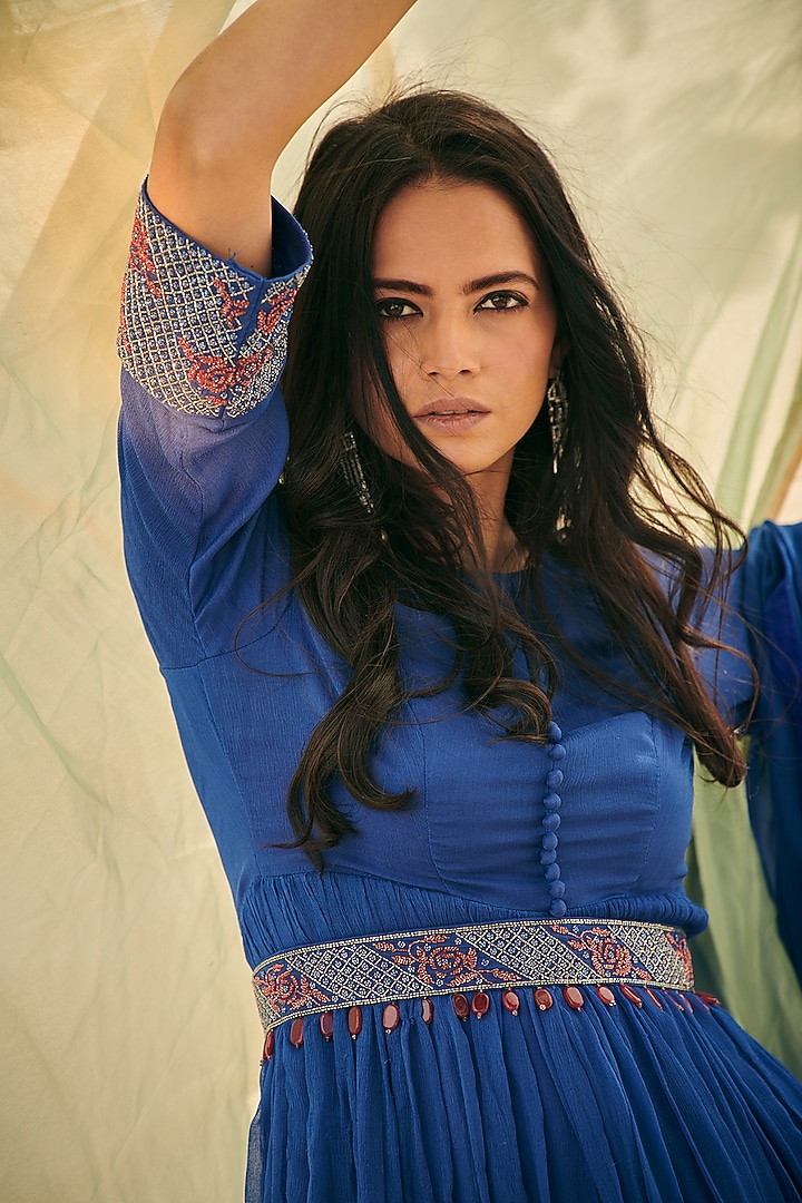 Blue Chiffon Party Wear Sharara Set by Neelu Sethi at Pernia's Pop Up Shop