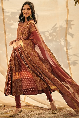 Maroon Block Printed Anarkali Set by Neelu Sethi
