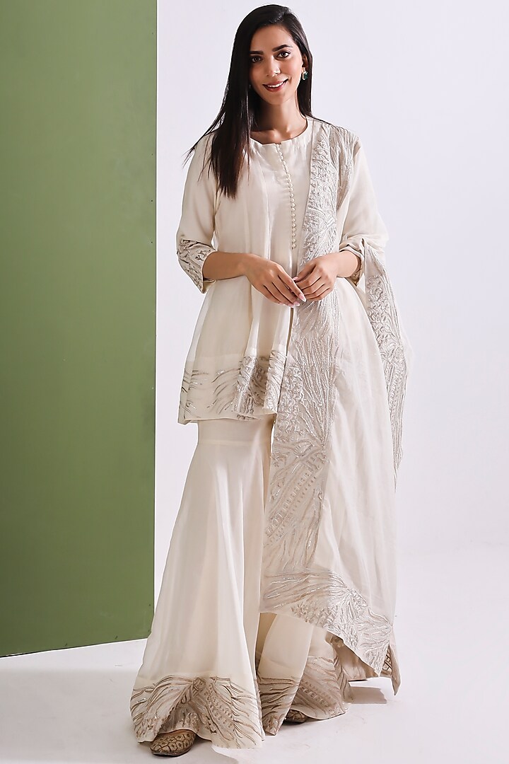 Off White Embroidered Gharara Set by Neelu Sethi