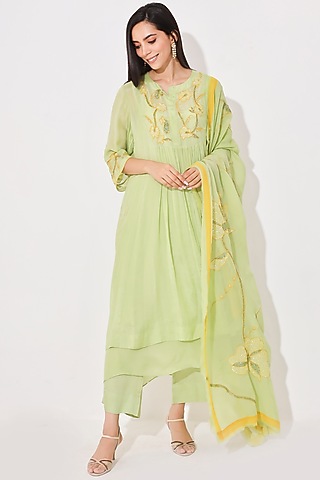 Lime Green Embroidered Kurta Set by Neelu Sethi