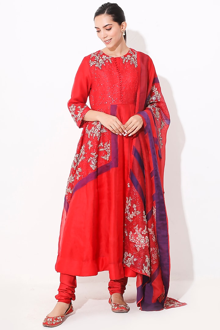 Red Embroidered Anarkali Set by Neelu Sethi