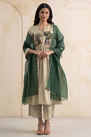 Ivory Dupion Silk Thread Embroidered Kurta Set by Neelu and Manvi