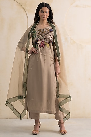 Beige Cotton Silk Hand & Machine Embroidered Kurta Set by Neelu and Manvi