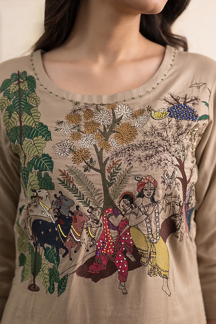 Beige Cotton Silk Hand & Machine Embroidered Kurta Set by Neelu and Manvi at Pernia's Pop Up Shop