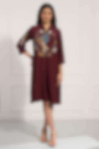 Wine Double Georgette Thread Work Midi Summer Dress by Neelu and Manvi at Pernia's Pop Up Shop