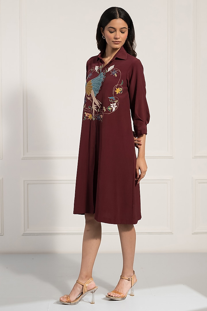 Wine Double Georgette Thread Work Midi Summer Dress by Neelu and Manvi at Pernia's Pop Up Shop