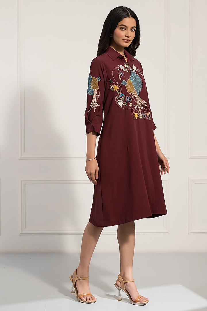 Wine Double Georgette Thread Work Midi Summer Dress by Neelu and Manvi at Pernia's Pop Up Shop