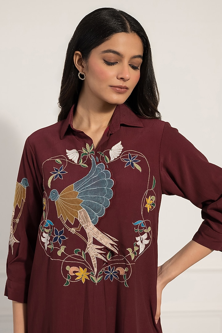 Wine Double Georgette Thread Work Midi Summer Dress by Neelu and Manvi at Pernia's Pop Up Shop