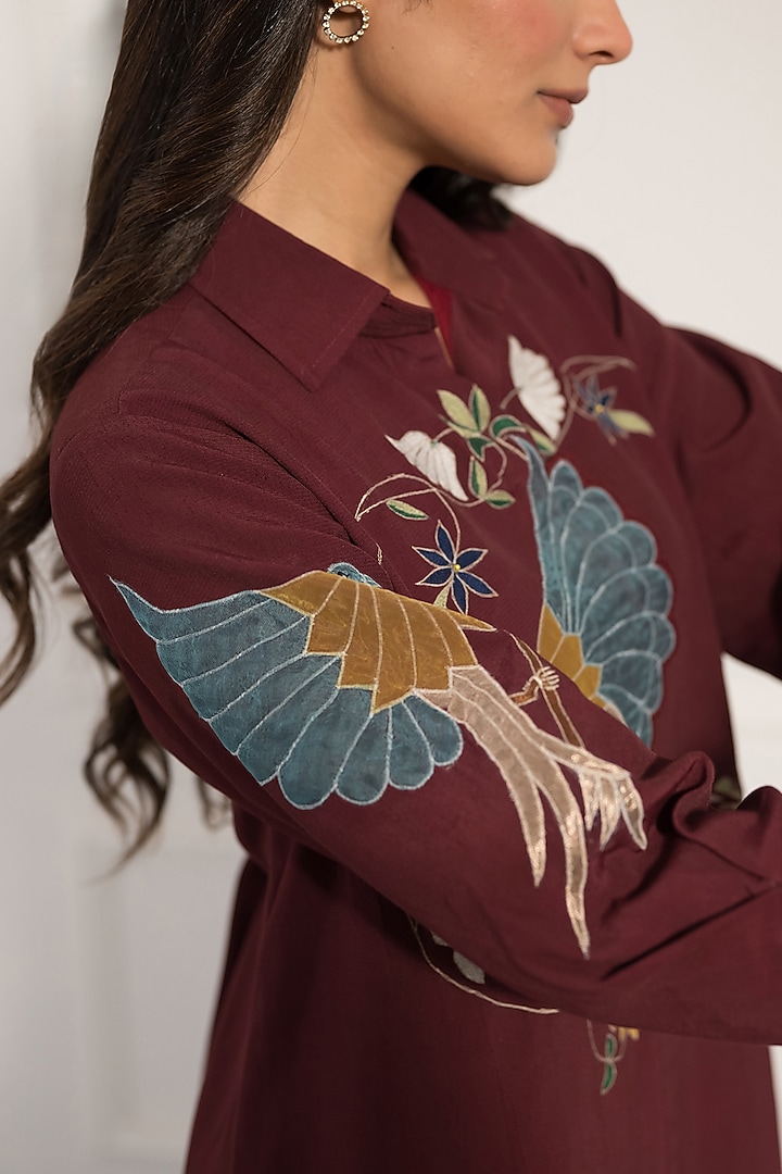 Wine Double Georgette Thread Work Midi Summer Dress by Neelu and Manvi at Pernia's Pop Up Shop