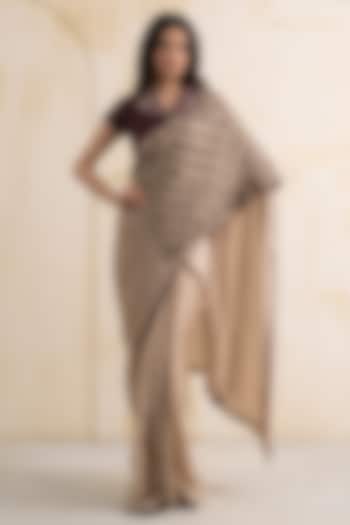 Champagne Satin Georgette Wedding Saree Set by Neelu and Manvi at Pernia's Pop Up Shop