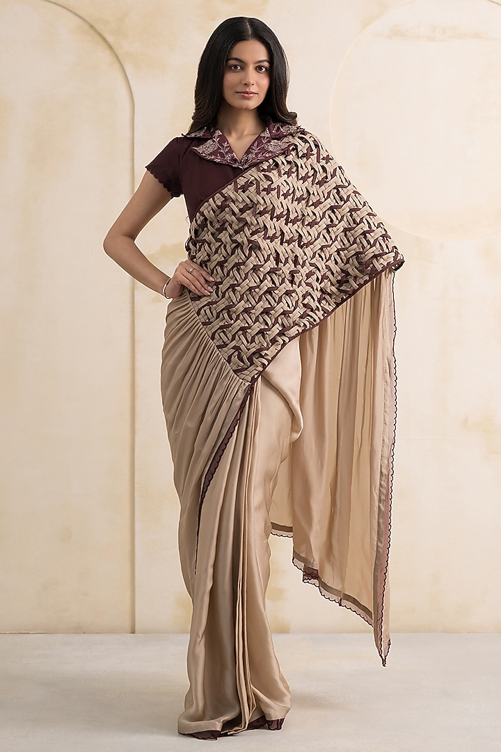 Champagne Satin Georgette Wedding Saree Set by Neelu and Manvi at Pernia's Pop Up Shop