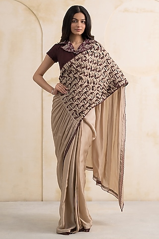 Champagne Satin Georgette Saree Set by Neelu and Manvi