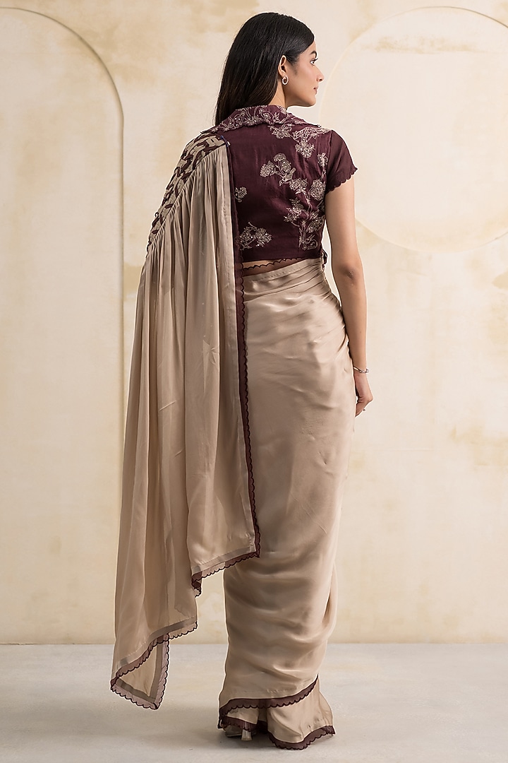 Champagne Satin Georgette Wedding Saree Set by Neelu and Manvi at Pernia's Pop Up Shop