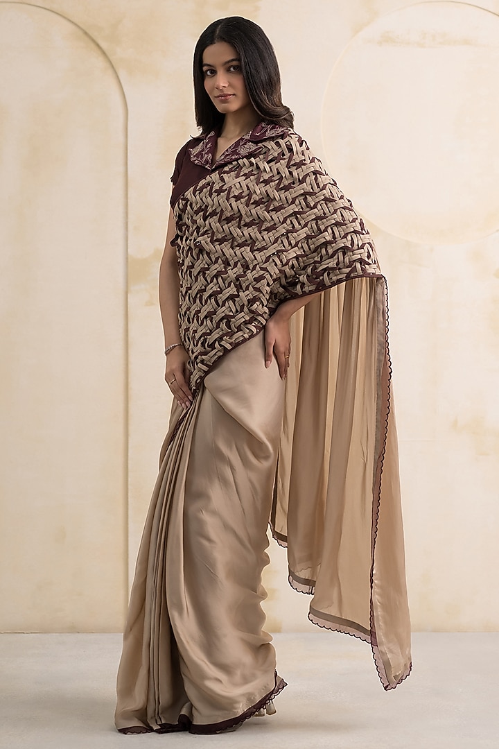 Champagne Satin Georgette Wedding Saree Set by Neelu and Manvi at Pernia's Pop Up Shop