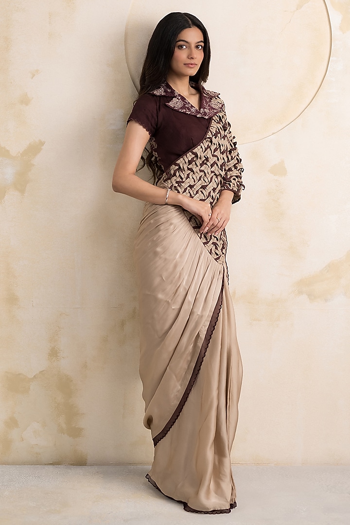 Champagne Satin Georgette Wedding Saree Set by Neelu and Manvi at Pernia's Pop Up Shop