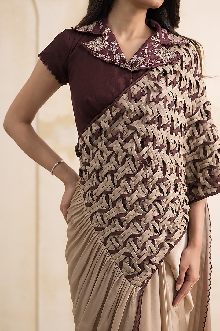 Champagne Satin Georgette Wedding Saree Set by Neelu and Manvi at Pernia's Pop Up Shop
