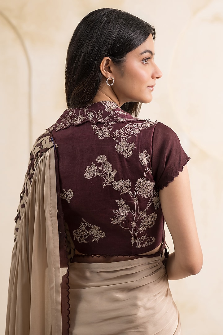 Champagne Satin Georgette Wedding Saree Set by Neelu and Manvi at Pernia's Pop Up Shop