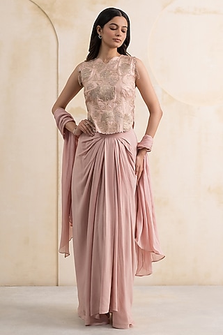 Blush Pink Georgette Dhoti Skirt Set by Neelu and Manvi