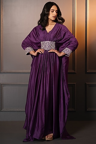 Purple Cotton Silk Zari Hand Embroidered Kaftan by Neelu and Manvi